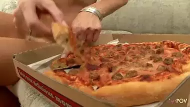 Brunette is waiting for a quick pizza delivery but for a nasty lesbian pussy licking and fingering too
